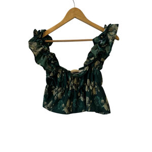 Women’s Floral Ruffle Sleeve Crop Top Green Printed Peplum Blouse Romantic Boho